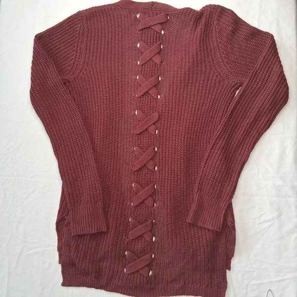 Pinque Burgundy Knit Cardigan Sweater Open Front Lace‎ Up Back XS - Picture 4 of 8